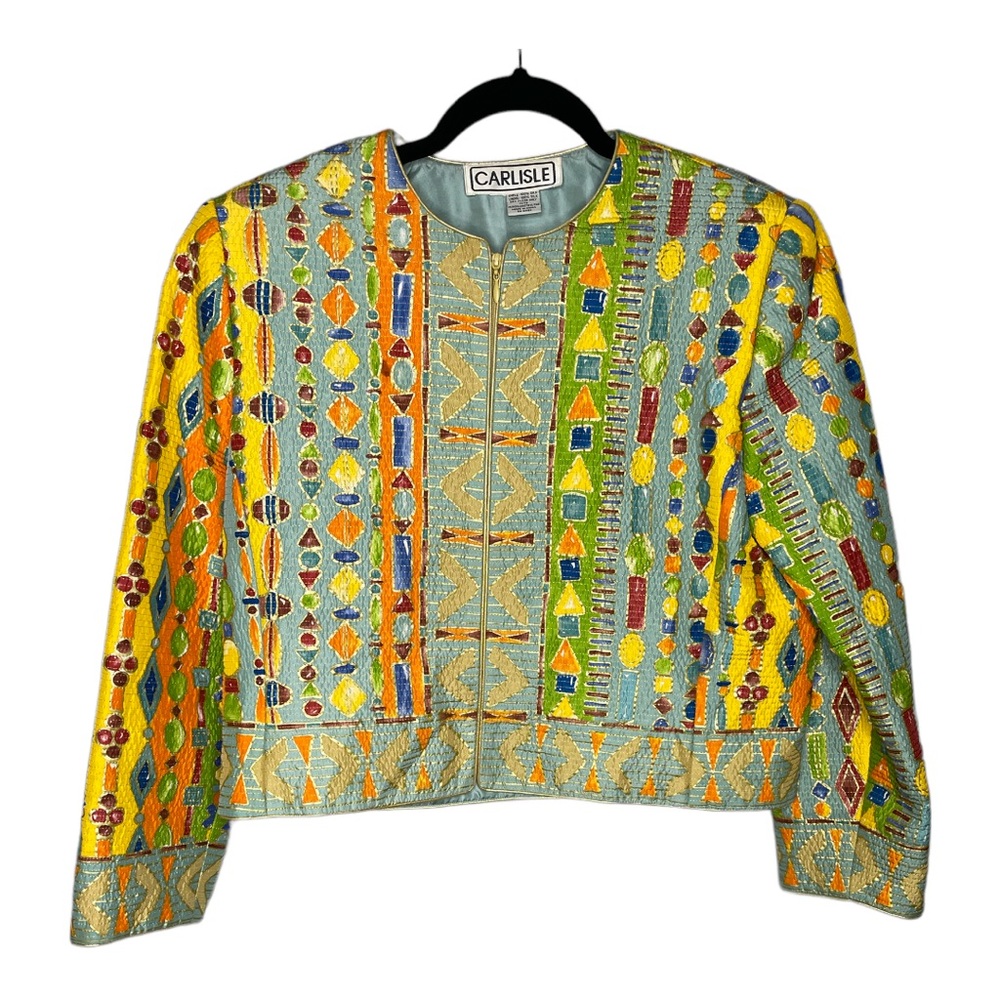 CARLISLE Vintage Multicolor Geometric Bead Print Silk Cropped Jacket Zip Blazer